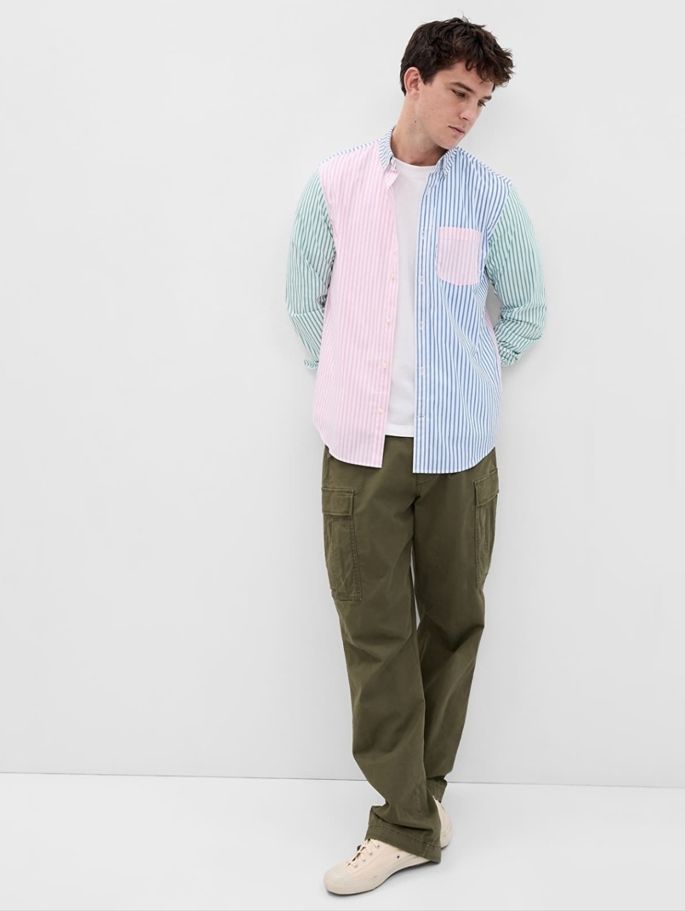 GAP Eco Coolmax Poplin Standard Fit Long Sleeve Button Down Shirt Multi Stripe